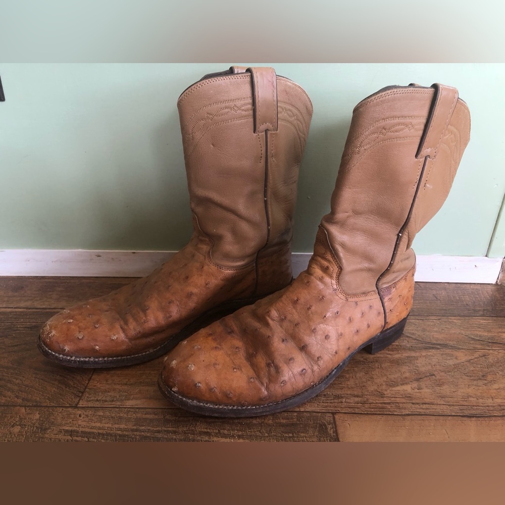 VTG Justin Men's 3104 Roper Ostrich Boots Size 9.5 D Pull On Tan Brown 9 And 1/2
